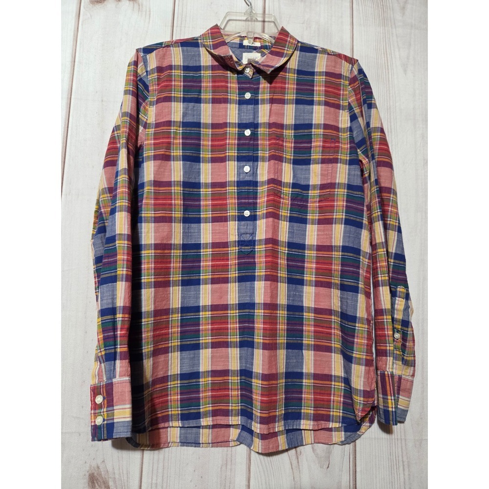J.Crew Boy Fit Popover Shirt Womens Small Multicolor Plaid Long Sleeve Cotton